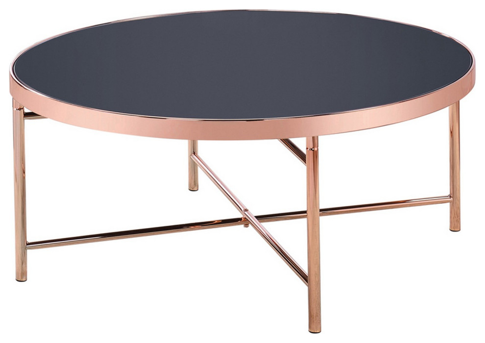 Contemporary Metal Frame Round Coffee Table with Glass Top, Black and