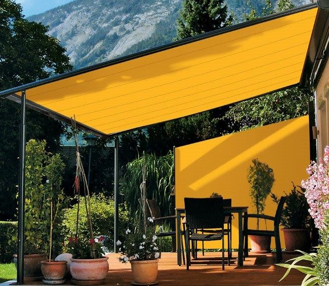 Inspiration for a mid-sized contemporary backyard patio in Other with decking and an awning.