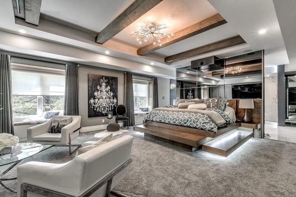 Photo of a large contemporary master bedroom in Toronto with brown walls, carpet, no fireplace and brown floor.