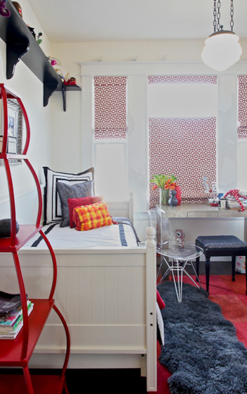 Kids' room - contemporary girl kids' room idea in San Francisco with white walls