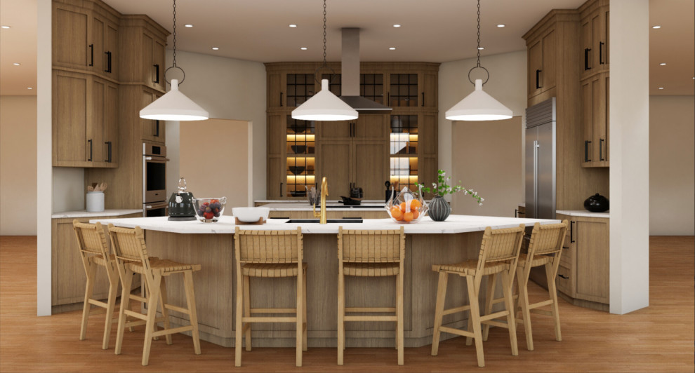 Warm Wood Kitchen with Quartz Island with Pendant Illumination, and Woven Barsto