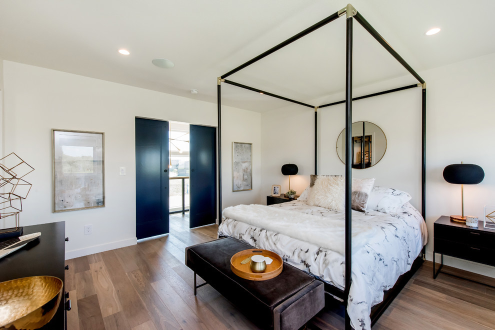 Photo of a transitional master bedroom in Other with white walls, no fireplace and laminate floors.