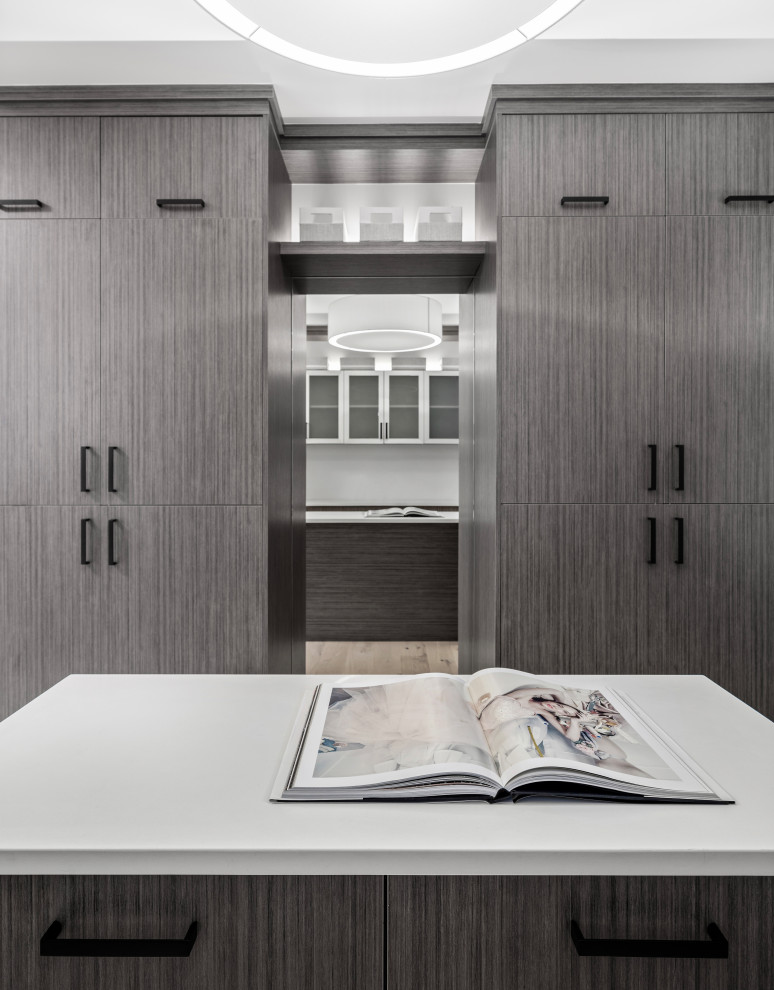 Modern men's walk-in wardrobe in Calgary with flat-panel cabinets, dark wood cabinets, light hardwood floors, brown floor and recessed.