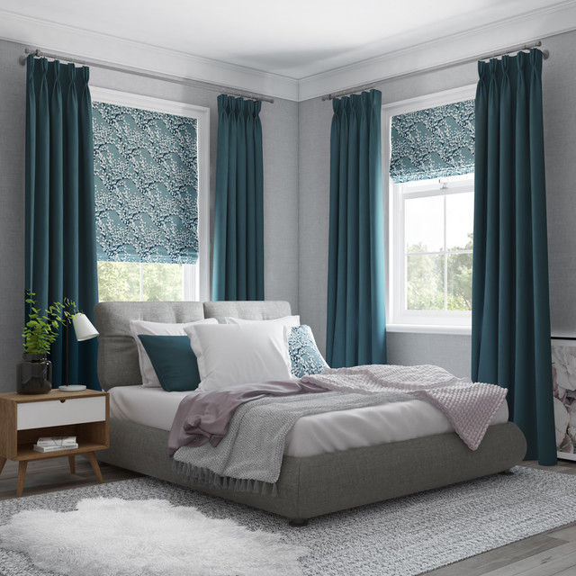 Peyton Seafoam Roman Blinds And Glamour Teal Curtains