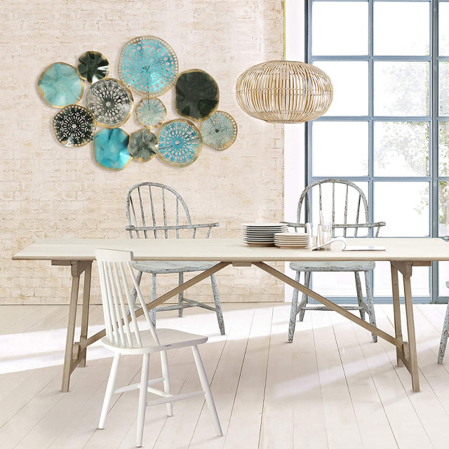 Modern Blue Metal Attached Rounds Wall Decor Contemporary Wall