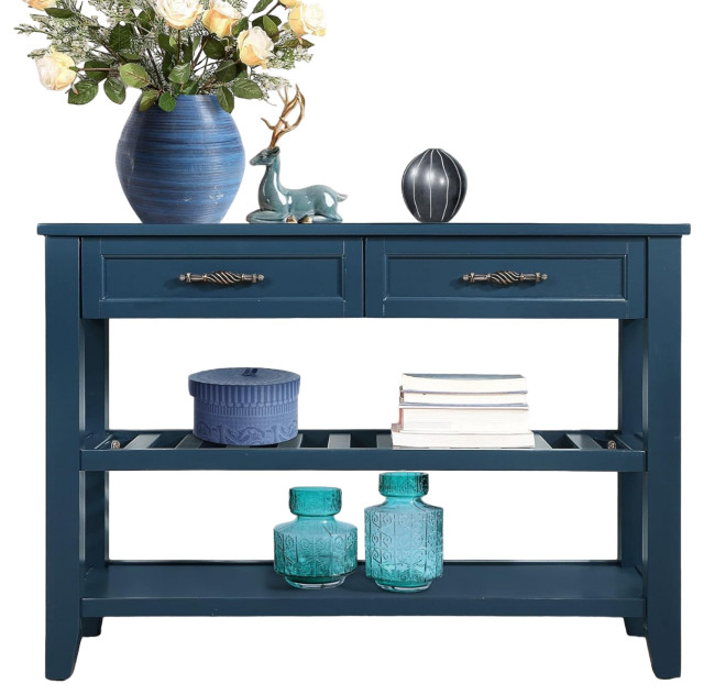 Retro Console Table, Large Framed Storage Drawers With Unique Pulls
