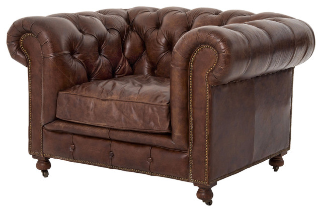 Ace Rustic Lodge Tufted Brown Leather Casters Armchair