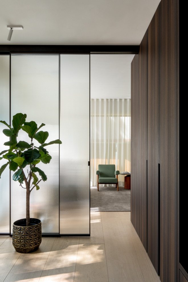 Design ideas for a mid-sized modern vestibule in Leipzig with light hardwood floors, a single front door, a metal front door and beige floor.