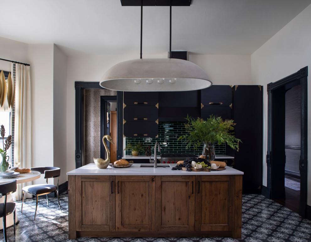 Modern Black Kitchen with Wood Island and Large Cement Chandelier ...