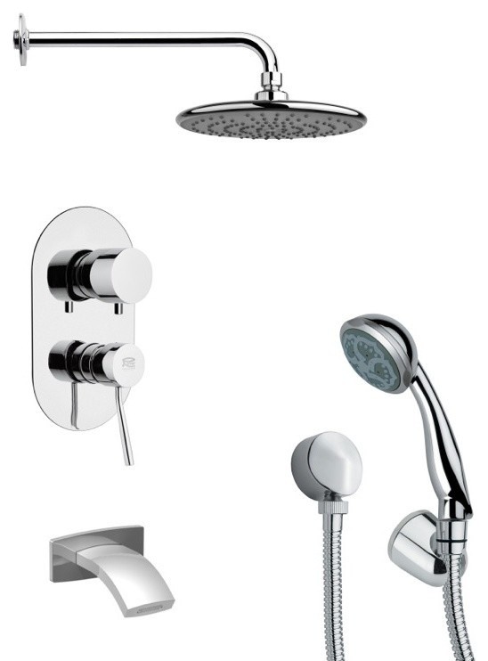Polished Chrome Sleek Tub and Shower Faucet Set With Handheld Shower