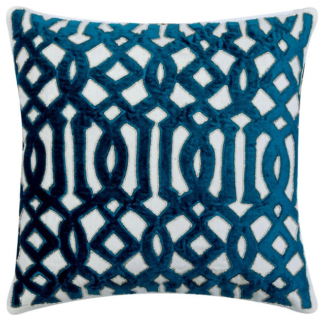 14"x14" Greek Lattice Applique Zardosi Royal Blue Linen Pillow Cover, Artemis