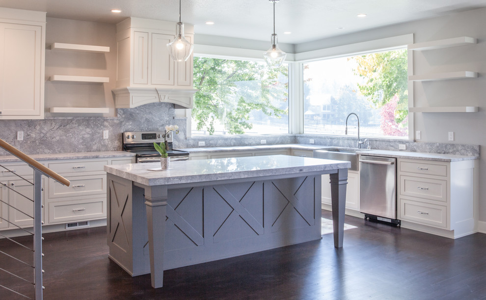 Inspiration for a large contemporary u-shaped dark wood floor and brown floor open concept kitchen remodel with a single-bowl sink, recessed-panel cabinets, white cabinets, quartzite countertops, gray backsplash, stone slab backsplash, stainless steel appliances and an island