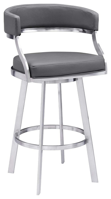 Swiveling Bar Stool Grey Faux Leather, Round Seat Bar Stool With Back