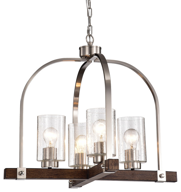 4-Light Brushed Nickel and Wood Finish Chandelier With Seedy Glass