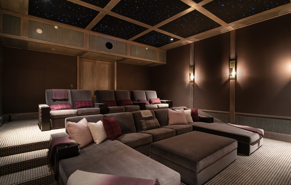 Photo of a transitional home theatre in Other with brown walls, carpet and grey floor.