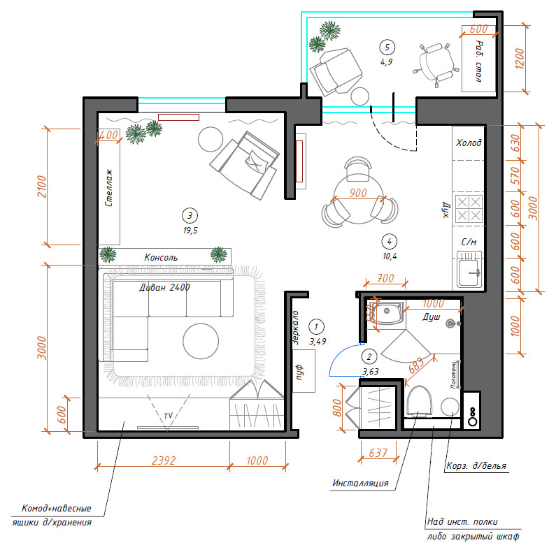 Дизайн-проект однокомнатной квартиры. Ростов-на-Дону. ЖК Династия