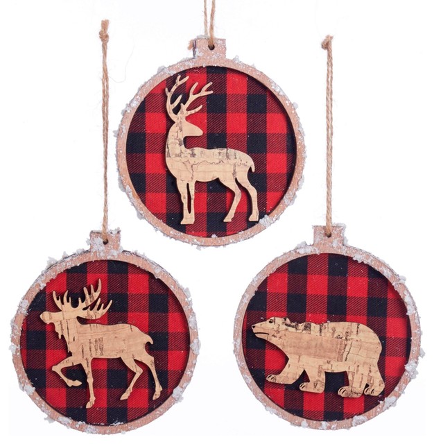 Kurt Adler Red Buffalo Plaid with Bear Deer and Moose Holiday Ornaments Set of