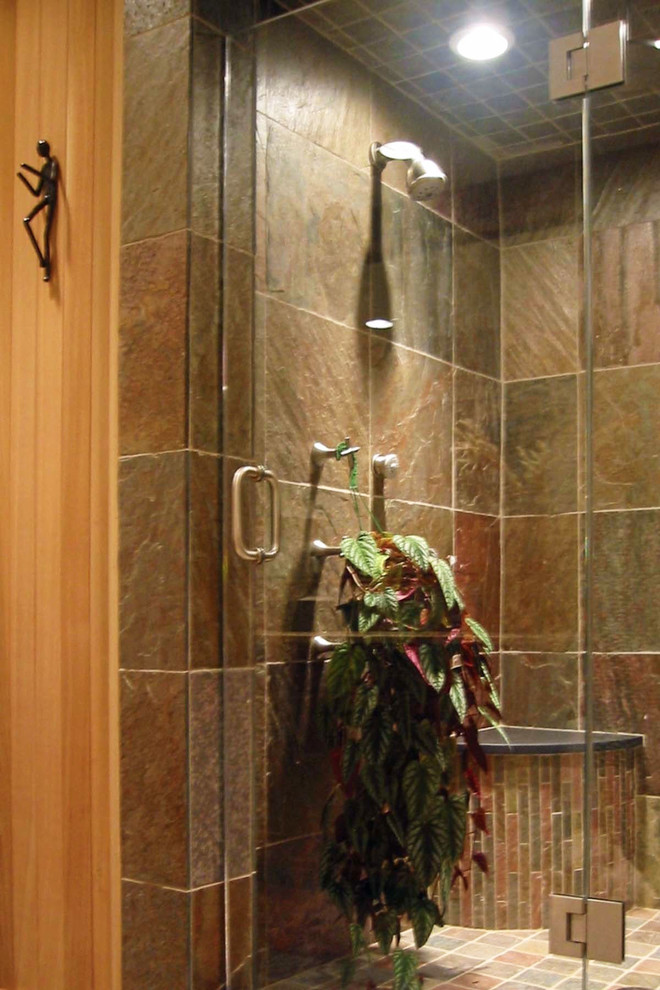 Photo of a large traditional bathroom in Boston with beige tile, a hinged shower door, an alcove shower, slate, slate floors, with a sauna and blue floor.