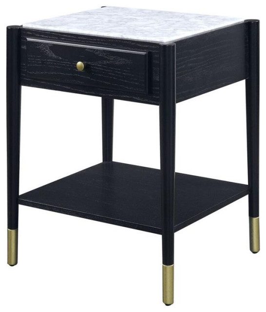 Marble Top End Table with 1 Drawer and 1 Bottom Shelf, Black and White