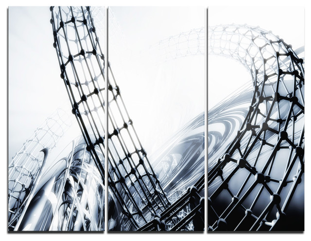 "Fractal 3-D Black White Design" Metal Wall Art, 3 Panels, 36"x28