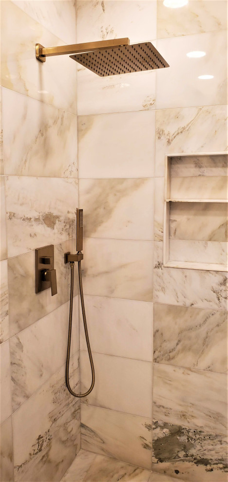 Small modern master bathroom in San Francisco with flat-panel cabinets, yellow cabinets, a curbless shower, a bidet, white tile, marble, white walls, marble floors, engineered quartz benchtops, white floor, a sliding shower screen, white benchtops, a niche, a single vanity and a floating vanity.