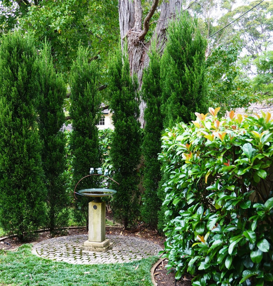 Design ideas for a mid-sized traditional side yard partial sun garden in Sydney with a water feature.