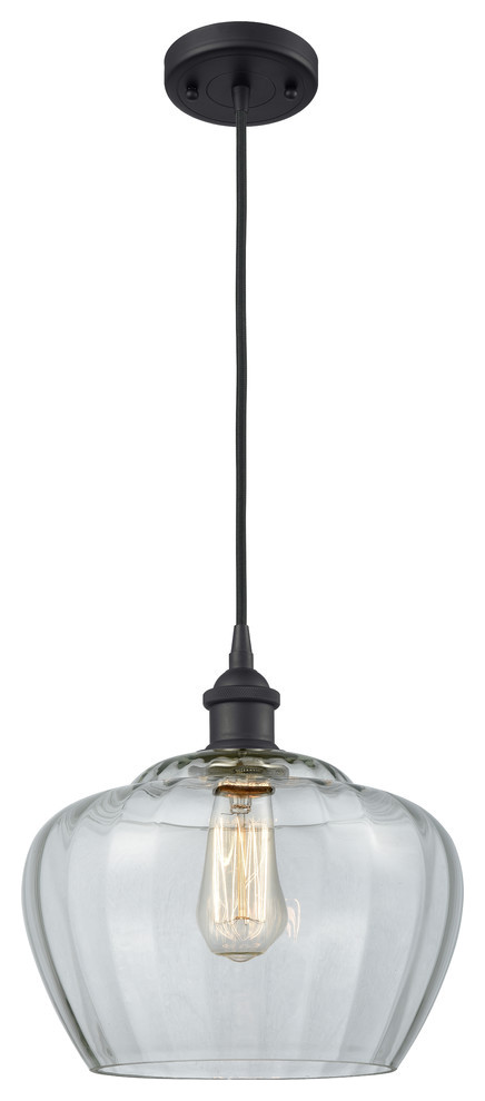 1-Light Large Fenton 11" Mini Pendant, Matte Black, Glass: Clear