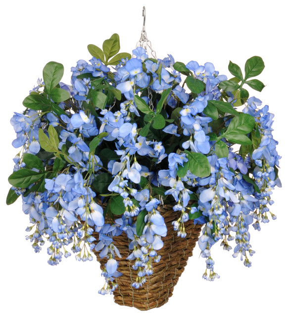 Artificial Periwinkle Blue Wisteria In Square Hanging Basket Artificial Periwinkle Blue Wisteria In Square Hanging Basket Transitional Flower Arrangements