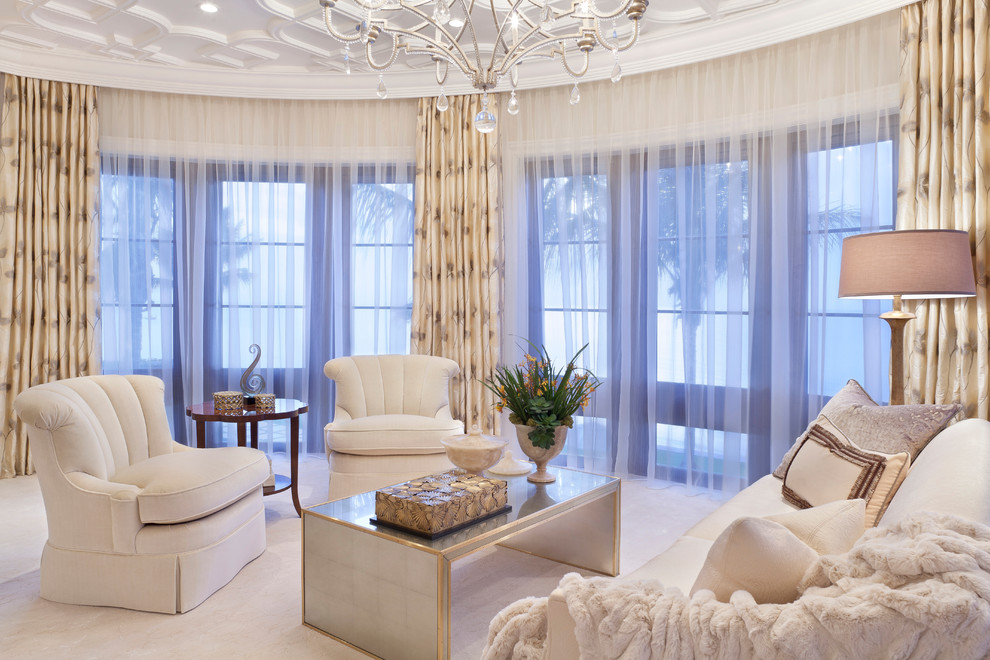 Design ideas for an expansive transitional master bedroom in Miami with beige walls and carpet.