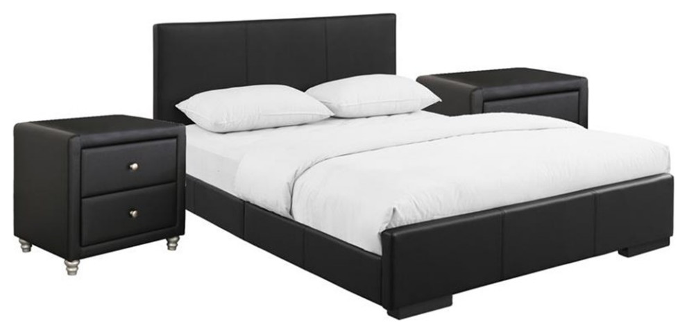 Camden Isle Hindes Upholstered Platform Bed in Black Queen with 2 Nightstands