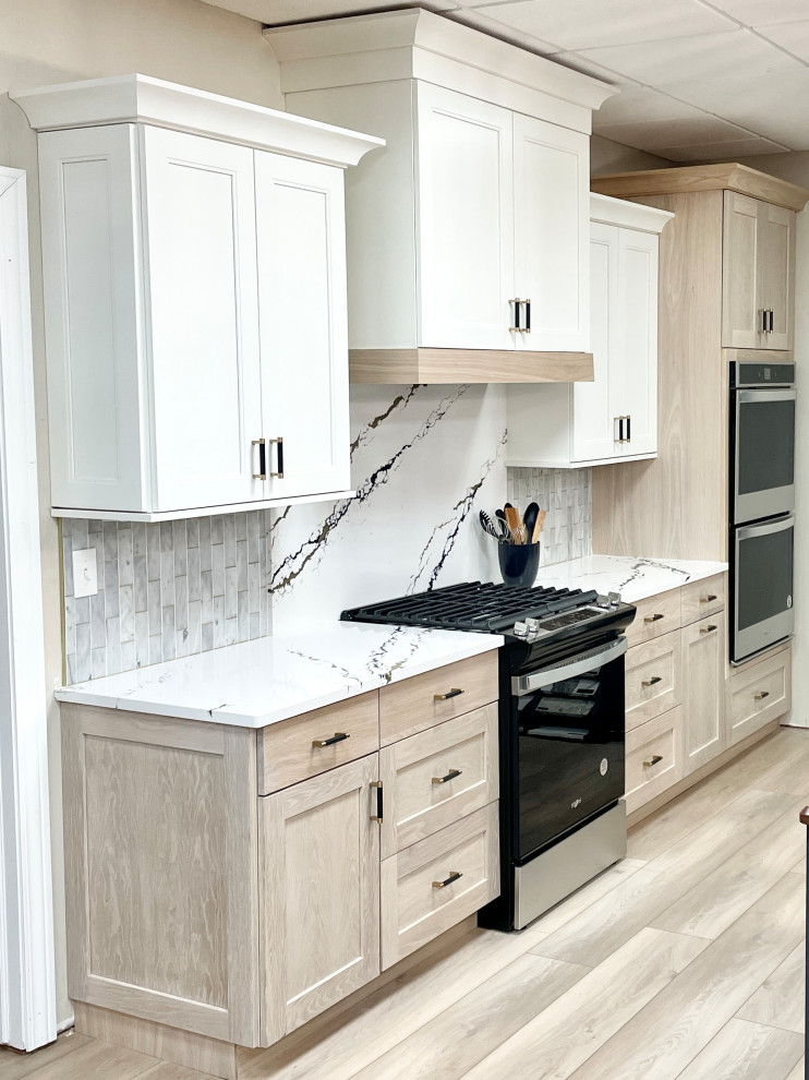 Wynnbrooke White Oak Sand and Linen White Kitchen With Gold Accents
