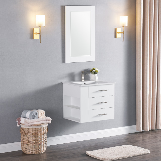 24" Left Side Shelf Vanity Wood Body With Premium White Ceramic (no ...