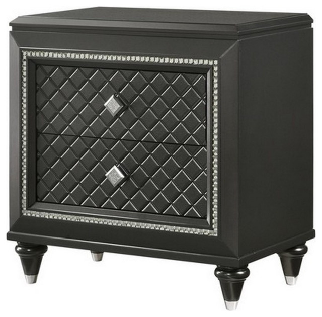 Wooden Two Drawer Nightstand with Carved Details and Knobs in Black Traditional Nightstands