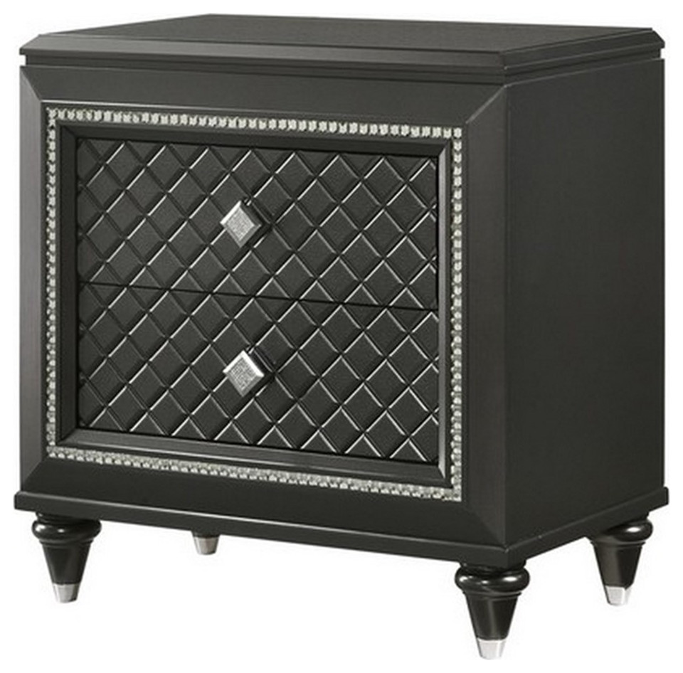 Wooden Two Drawer Nightstand with Carved Details and Knobs in Black