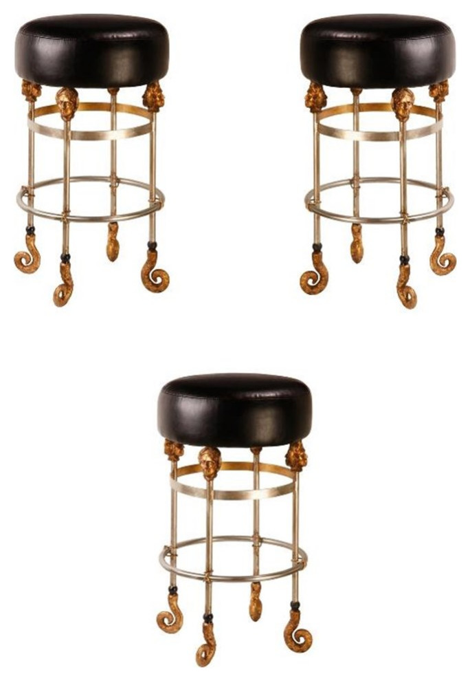 Home Square 26" Short Leather and Steel Bar Stool in Gold & Black - Set of 3