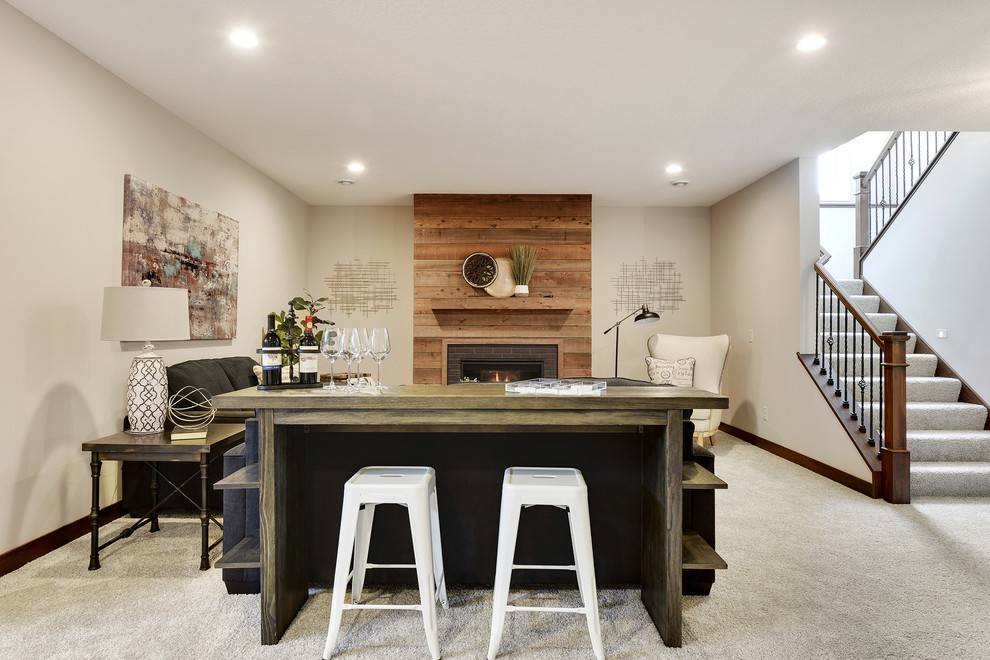 Design ideas for a large transitional look-out basement in Minneapolis with grey walls, carpet, a standard fireplace, a brick fireplace surround and white floor.