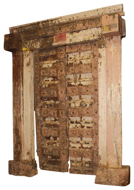 Consigned 18c Indian Antique Hand Carved Chakra Door With Frame