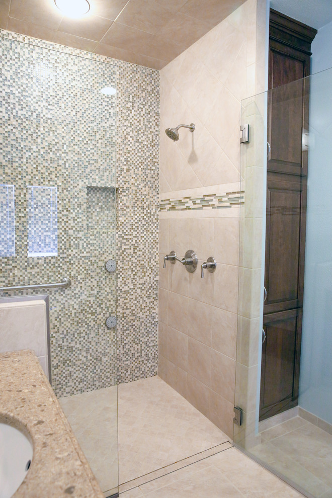 Transitional multicolored tile and mosaic tile ceramic tile walk-in shower photo
