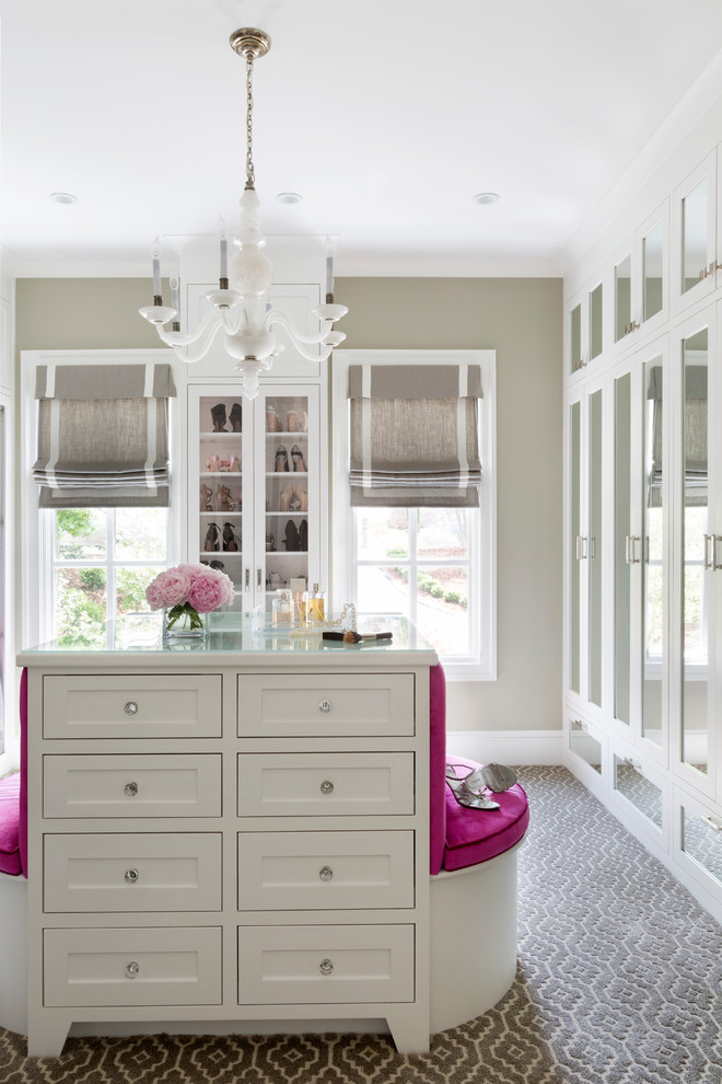 Inspiration for a large transitional women's walk-in wardrobe in Little Rock with recessed-panel cabinets, white cabinets, carpet and grey floor.