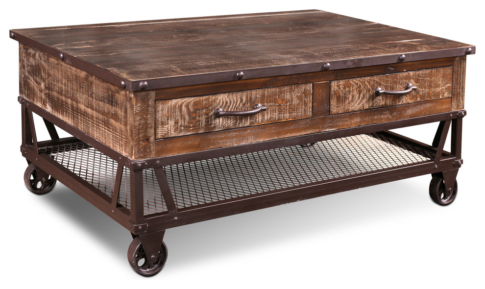 Addison Loft Rustic Solid Wood Coffee Table on Casters