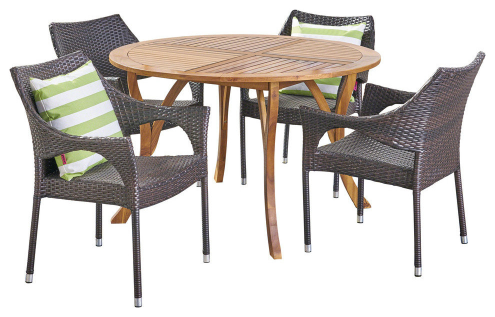 GDF Studio 5Piece Baish Outdoor Acacia and Wicker Dining Set, Teak