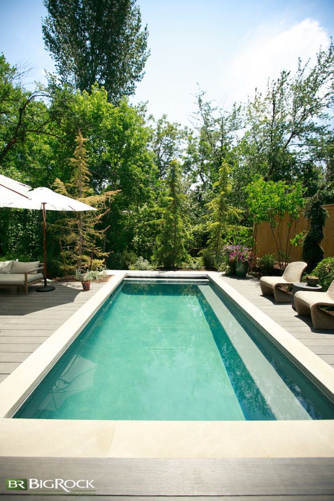 Modelo de piscina alargada moderna pequeña en patio trasero con paisajismo de piscina y suelo de baldosas