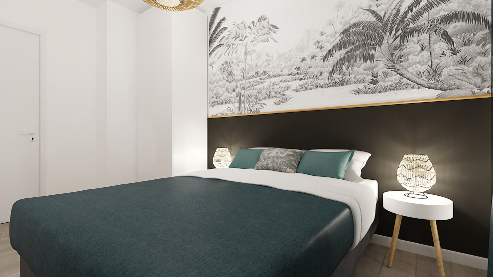 Foto de dormitorio blanco y madera tropical pequeño con paredes negras, suelo laminado, suelo marrón y papel pintado