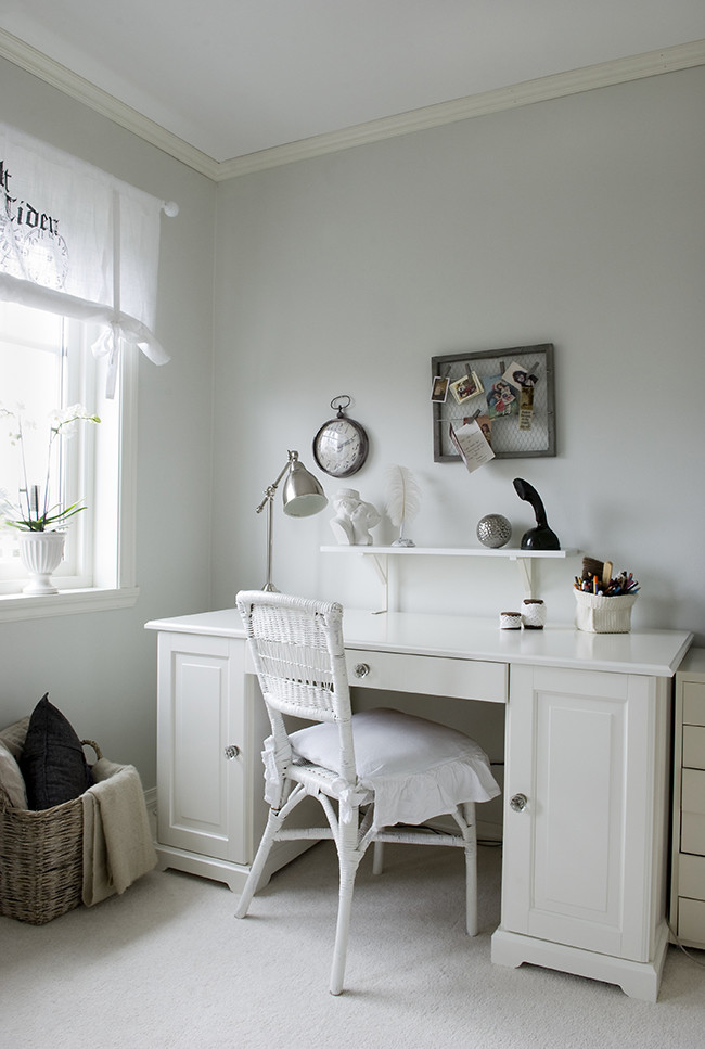 Inspiration for a small traditional study room in Other with grey walls, carpet, no fireplace and a built-in desk.