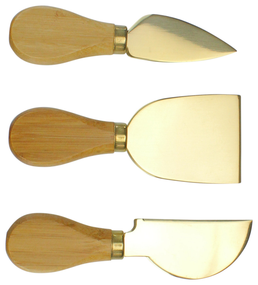 Set of 3 Golden Cheese Knives with Bamboo Handle 5" x 2"