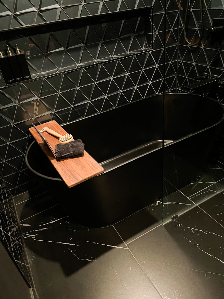 Design ideas for a large modern bathroom in Denver with a corner shower, ceramic tile, white walls and vinyl floors.