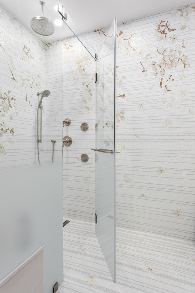 Photo of a large transitional bathroom in Vancouver with an open shower, white tile, white walls, an open shower and wallpaper.