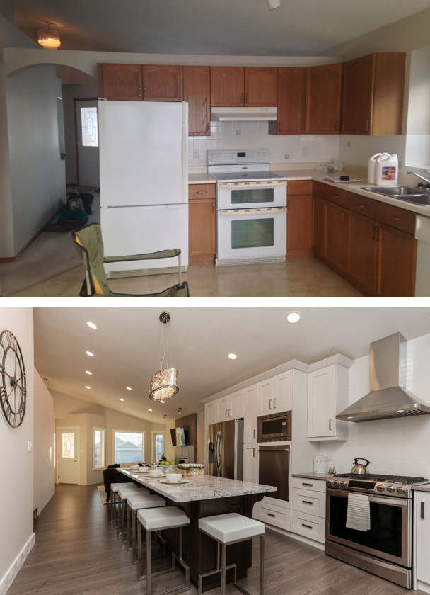 Example of a transitional home design design in Edmonton