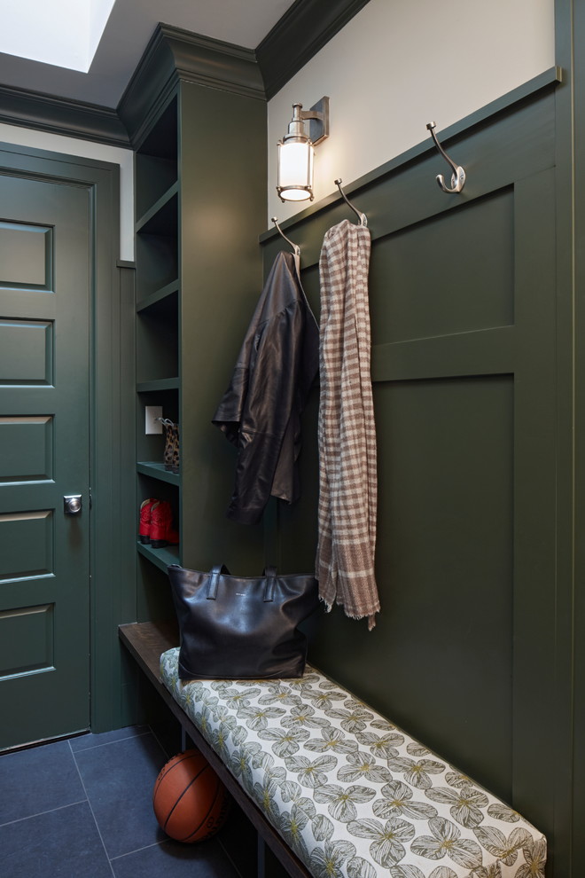 Inspiration for a small traditional mudroom in Portland with grey walls, granite floors, a single front door, a gray front door and grey floor.
