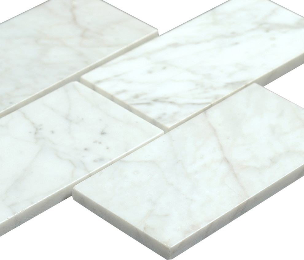 3"x6" Bianco Carrara Polished Marble Subway Tiles, Set of 8